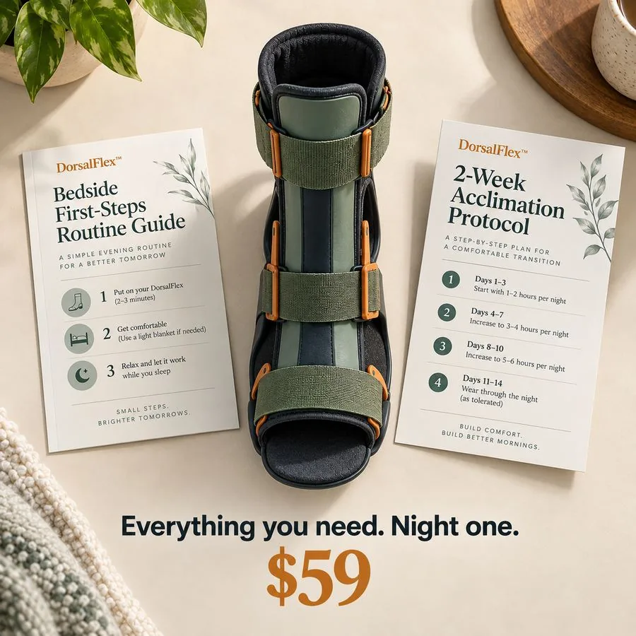 Product flatlay — DorsalFlex splint + Bedside Guide + Acclimation Protocol — Everything you need. Night one. $59