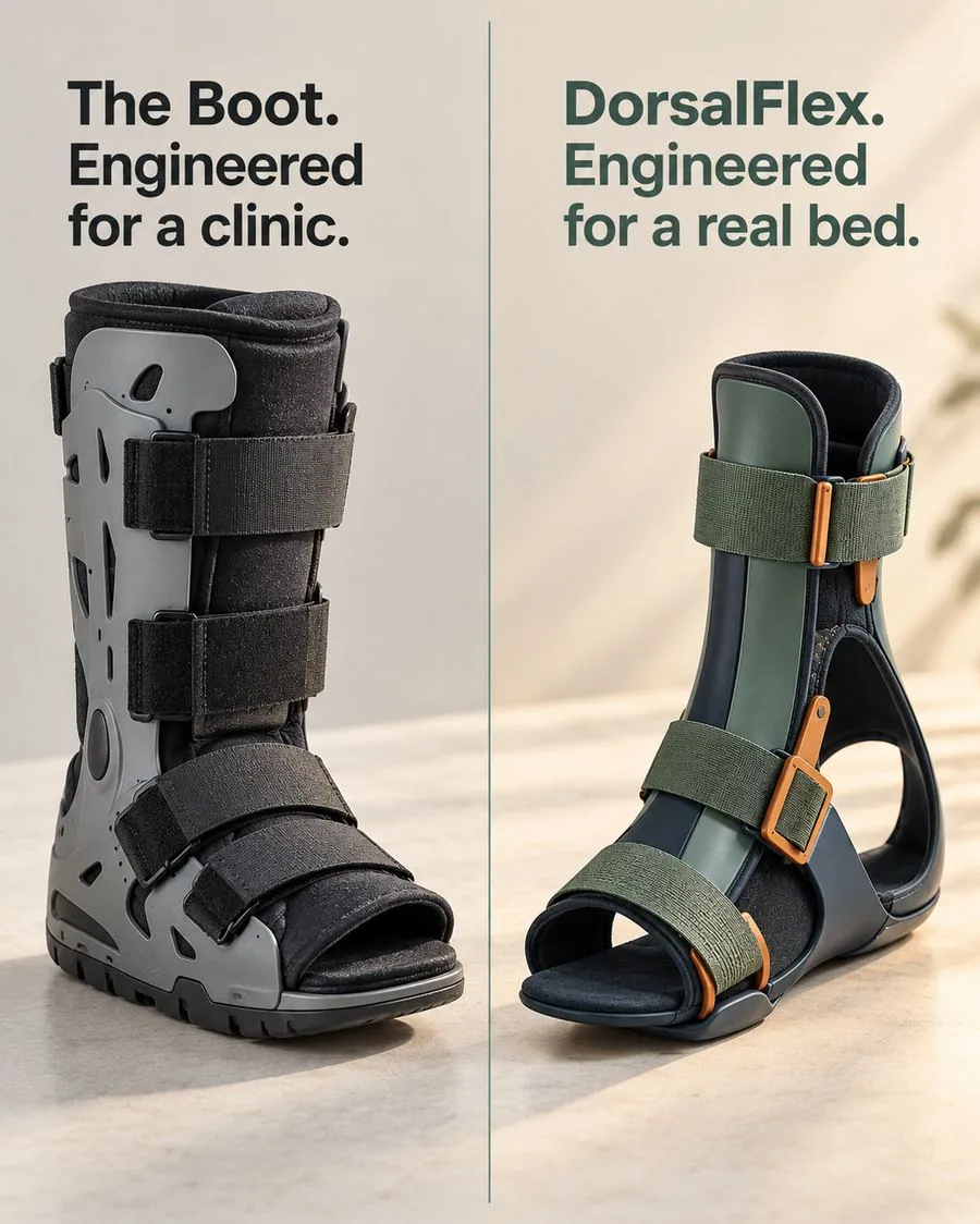 The Boot vs DorsalFlex — engineered for a clinic vs a real bed