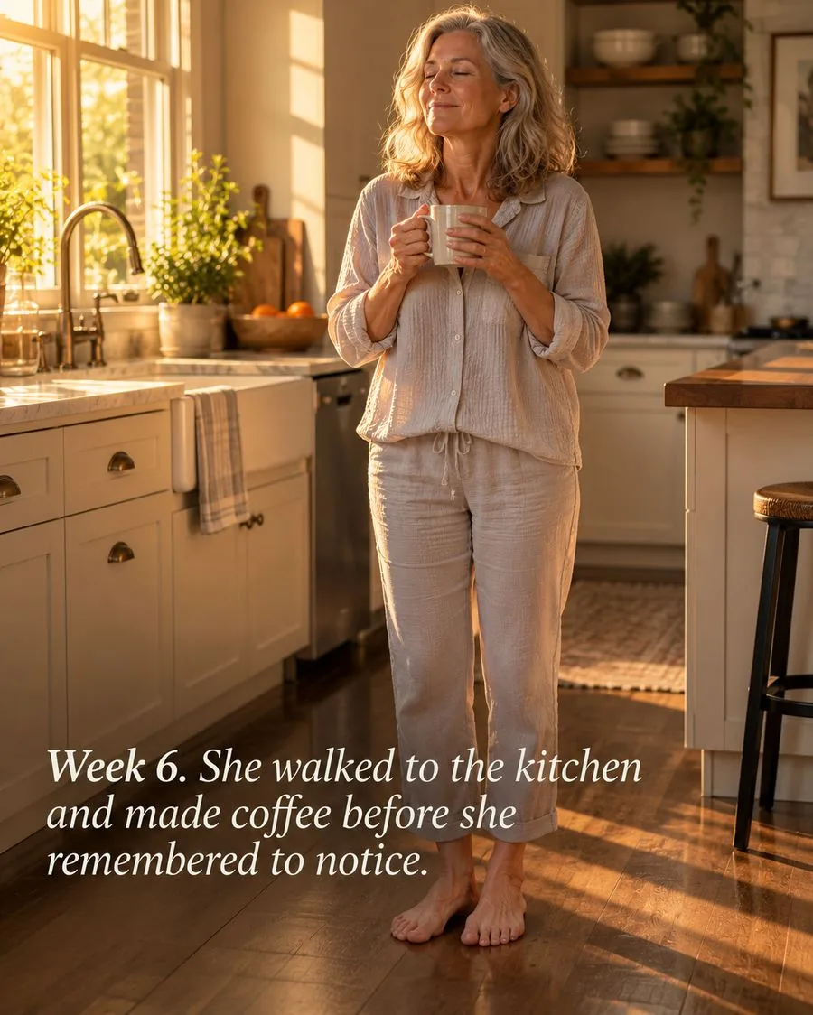 Week 6 morning kitchen — woman standing at ease with coffee
