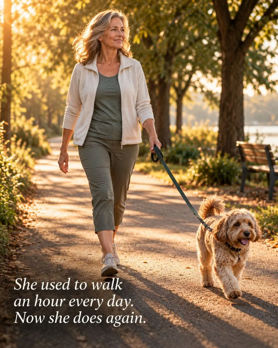 Woman walking dog in sun-lit park